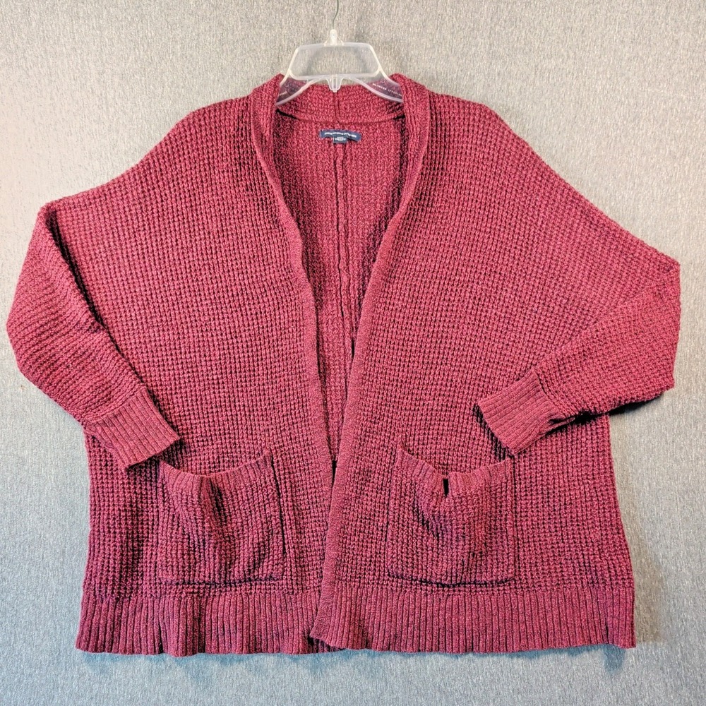 Y2K Chore Cardigan Sweater Waffle Knit Burgundy Pockets American Eagle Baggy OS
